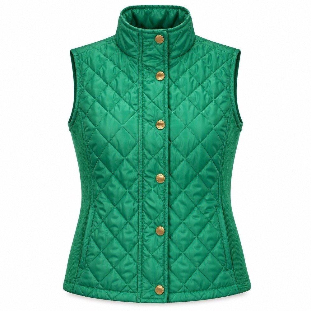 Cynthia Rowley Green Quilted Puffer Vest Gold Snap Stretch Sides Women's Small